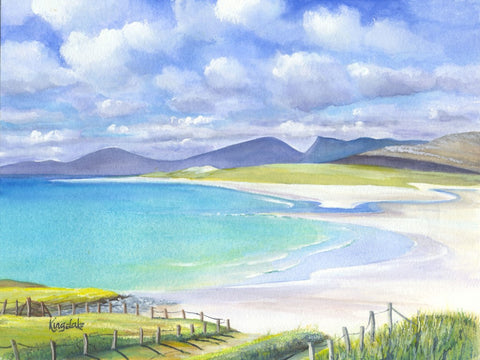 'Sunshine over Seilebost, Harris' Framed Original Watercolour by Gillian Kingslake