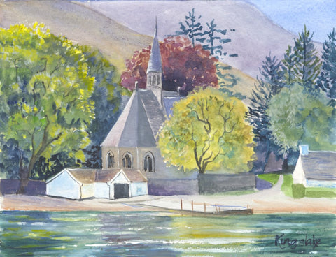 "Church at Luss, from the Loch" - unframed original watercolour- by Gillian Kingslake