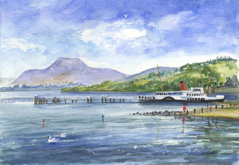 Ben Lomond with the Maid of the Loch from Lomond Shores - Unframed Original Watercolour By Gillian Kingslake