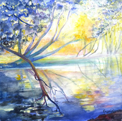 'Glowing Sunshine by the River' original  Watercolour by Gillian Kingslake
