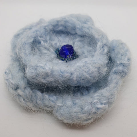 Pale Blue Knitted Flower Brooch - by Lynn Ramsbottom - Irresistible Felt