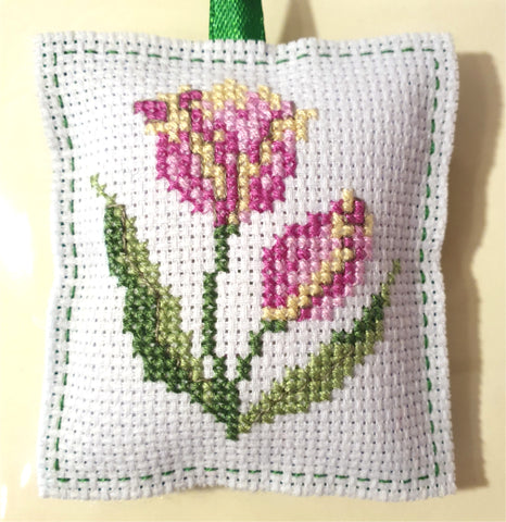 Pink Tulip Cross Stitch Decoration by Fiona Whyte