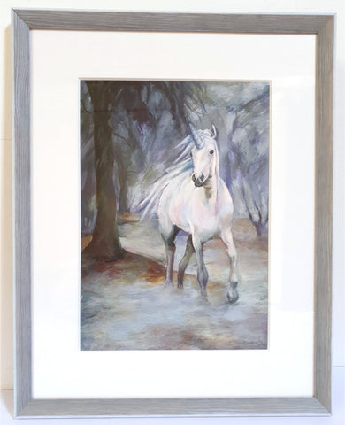 Unicorn in Misty Woodland  by Irene Blackwood